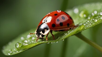 Fototapeta premium Tiny red spotted beetle perched on green leaf, captured in sharp closeup