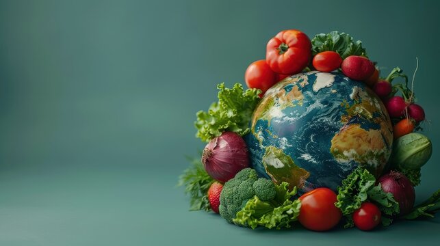 World food day concept with Globe and Various vegetables,world vegetable day,vegetable on the world,fresh different vegetable,vegan day,world food day,copy space.