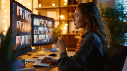 Business woman participates in a video conference using modern communication technology, enhancing work efficiency and contributing to success. Her use of advanced tools highlights productivity.