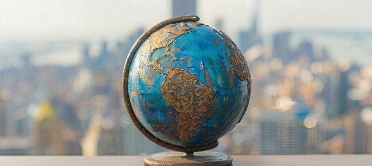 World globe with bokeh city background. Generative AI technology.	

