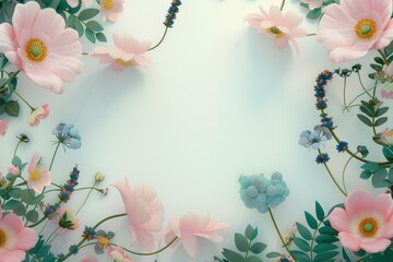 Pink and Blue Flowers with Green Leaves Arranged Around a White Center