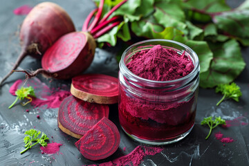 Beetroot powder in a glass jar