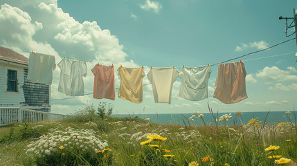 Colorful Clothes Drying on a Clothesline Overlooking the Ocean on a Sunny Day