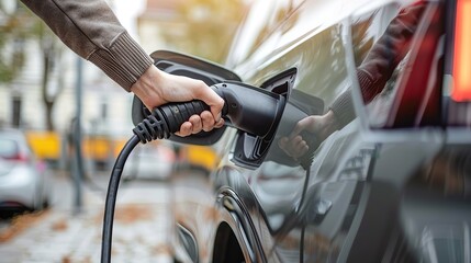 Plugged in electric car in at a EV charging station, man use the power cable and plug on nature background, Charging modern electric cars from station outdoors.