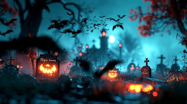 Happy Halloween featuring a spooky graveyard at night. seamless looping time-lapse virtual 4k video animation