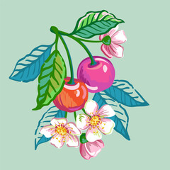 Vector hand drawn illustration of branch with red berries, flower and leaves isolated on background. Illustrations in colored sketch style