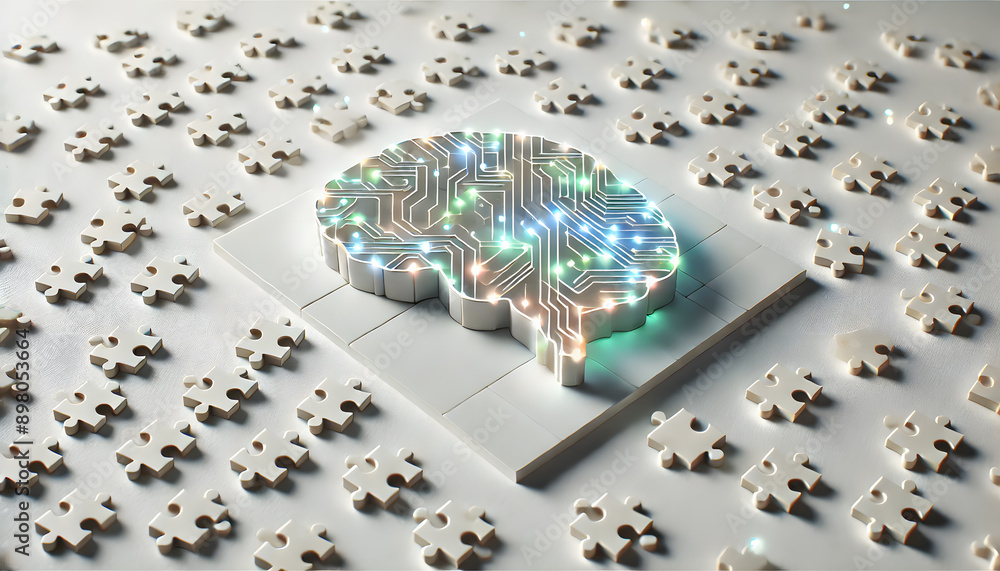 Poster an abstract and futuristic digital circuit board design resembling the structure of a human brain se