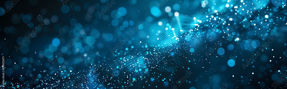 Poster microscopic view of glowing blue particles in dark space, futuristic nanotechnology and molecular sc