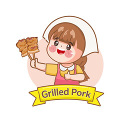 Cute chef with Grilled pork banner or ribbon label logo cartoon hand drawn vector illustration