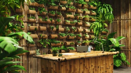 eco-friendly office setup with a bamboo desk, recycled materials, and a wall of indoor plants