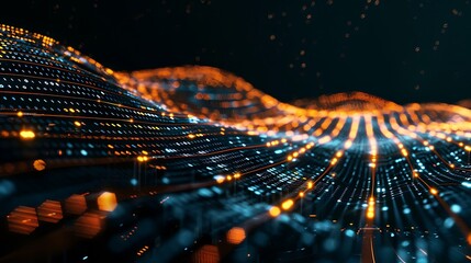 Abstract binary code flowing across a dark background 