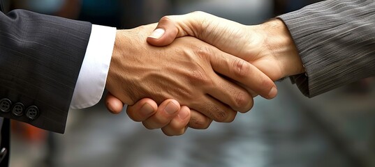 Obraz premium Businessman handshake background. Success business deal negotiation. Generative AI technology. 