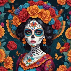 Make a draw of a vibrant and eye-catching catrina. The draw must be beautiful and stand out with its vivid colors and intricate details. The catrina must be adorned with flowers, traditional patterns,