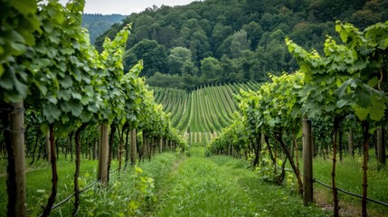 Vineyard Rows Leading to a Lush Forest