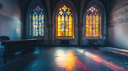 Obraz premium elegant and minimalist office in an old church, with stained glass windows providing colorful light and a peaceful atmosphere