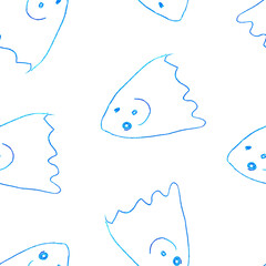 Funny Ghosts Drawn with Crayon. Seamless Pattern Cute Halloween Illustration. Hand Drawn Digital Paper with Ghosts Drawn by Colored Pencils.