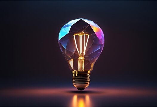 Innovation technology featuring a holographic, glowing low-polygonal light bulb on a dark background. Advanced tech concept with futuristic illumination