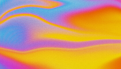 Vibrant orange teal blue purple psychedelic grainy gradient color flow wave on yellow background for cover poster banner design