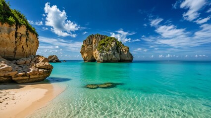 Obraz premium Stunning tropical beach with clear turquoise water and rocky cliffs under a bright blue sky. Perfect for travel and vacation themes.