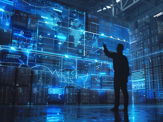 Man Interacting with Digital Interface in Warehouse.