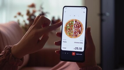 Customizing half-and-half pizza. Making an online order in a fast food app. Fast food technology concept. Fictional Interface.