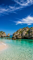 Obraz premium Stunning tropical beach with clear turquoise water and rocky cliffs under a bright blue sky. Perfect for travel and vacation themes.