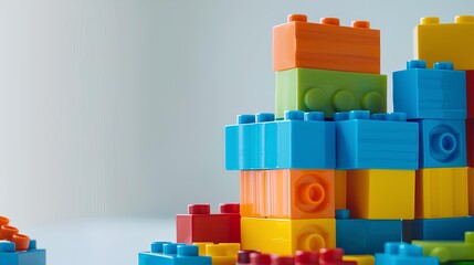 Fototapeta premium A vibrant stack of colorful toy blocks on a white background, perfect for imaginative play.