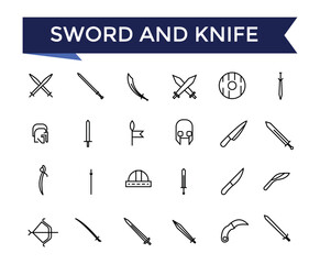 Sword and knife line icon set with editable stroke collection for web and ui. Line icons pack. Vector illustration.