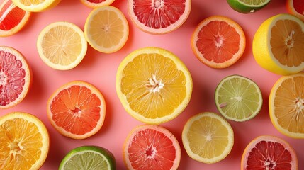 Various citrus fruits on pink background,Creative background made of summer tropical fruits with grapefruit,orange,lemon,lime,Different citrus fruits and leavesFlat lay,top view,copy space.