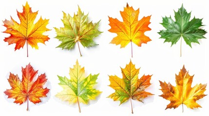 Fototapeta premium Pile of autumn colored leaves isolated on white background.A heap of different maple dry leaf,colorful autumn maple leaf in the fall season,autumn leaves are falling flying,Selective focus.