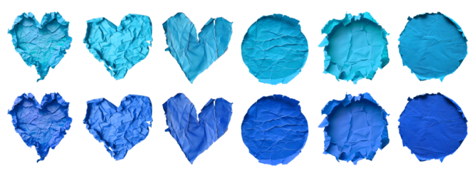 Collection set of dark light blue crumpled crushed scrunched torn paper heart love, circle round shape on transparent cutout, PNG file. Many different design. Mockup template artwork graphic