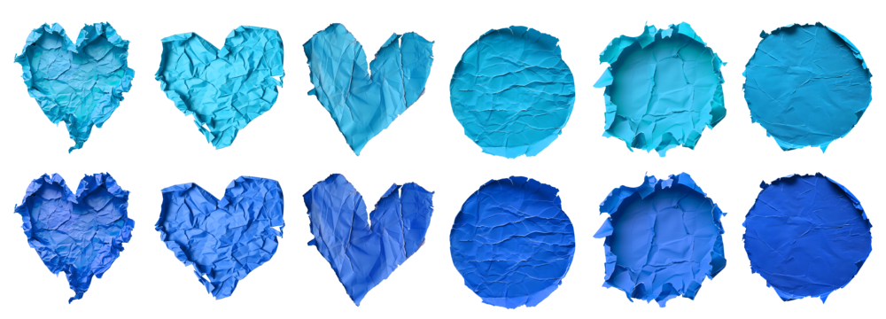 Collection set of dark light blue crumpled crushed scrunched torn paper heart love, circle round shape on transparent cutout, PNG file. Many different design. Mockup template artwork graphic