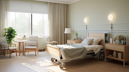 Interior Bedroom in nursing home, furniture for people with disabilities, using natural light.
