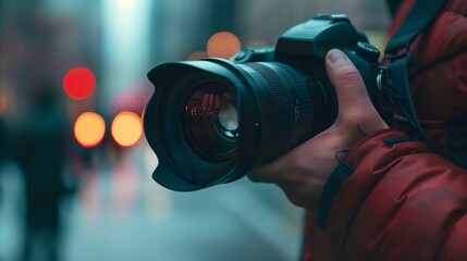A person photographer holding a camera in the city street environment, photoshooting people outdoor. Creative picture, modern technology equipment, Papparazzi digital social media, journalist career