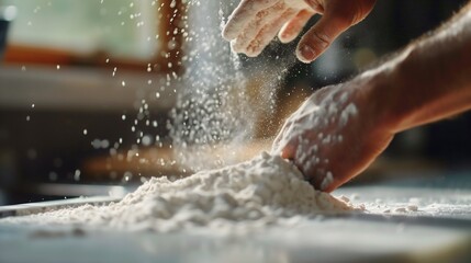 A baker chef is preparing, kneading a flour dough in the kitchen. Loaf bread making, food ingredients, traditional pizza restaurant, traditional culinary recipe, handmade pastry, cuisine cooking