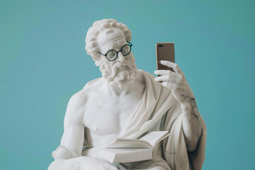 Ancient Statue Holding Smartphone and Book.