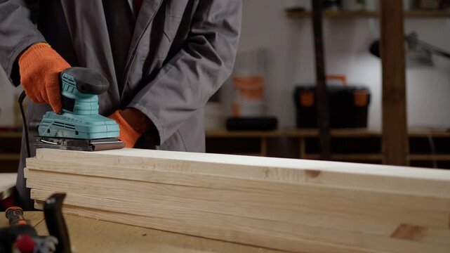 Carpenter wearing orange gloves working with electrical sander in his carpentry shop.