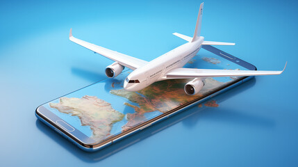 Smartphone with airplane wing around map isolated on blue background,Text space, Travel concept.