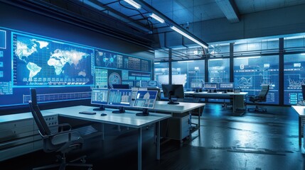 industrial IoT control room where engineers monitor and control factory operations remotely using digital twin technology