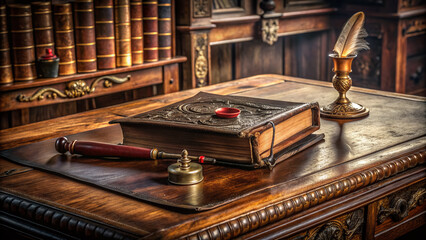 Ancient leather-bound book lies open on a ornate wooden desk, adorned with quill pen and wax seal, symbolizing historic diplomatic agreement.