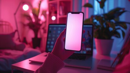 Close up Young woman holding using touch mobile phone white screen mockup,relaxes sitting in gamer room,Colorful led lights,neon light room,Back view,copy space.