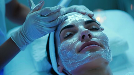 A woman feeling serene as the dermatologist performs a hydrating facial treatment