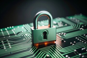 Modern circuit board with green colour with a conceptual green pad lock for a secure system 3d render