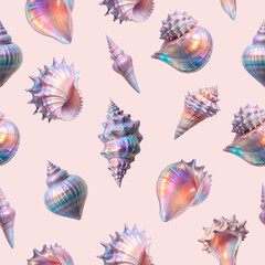 Seamless pattern of holographic shells with iridescent shine and fancy shape. Shells are located on a pale pink background. Holographic texture of iridescent shell in pastel shades of blue and pink.