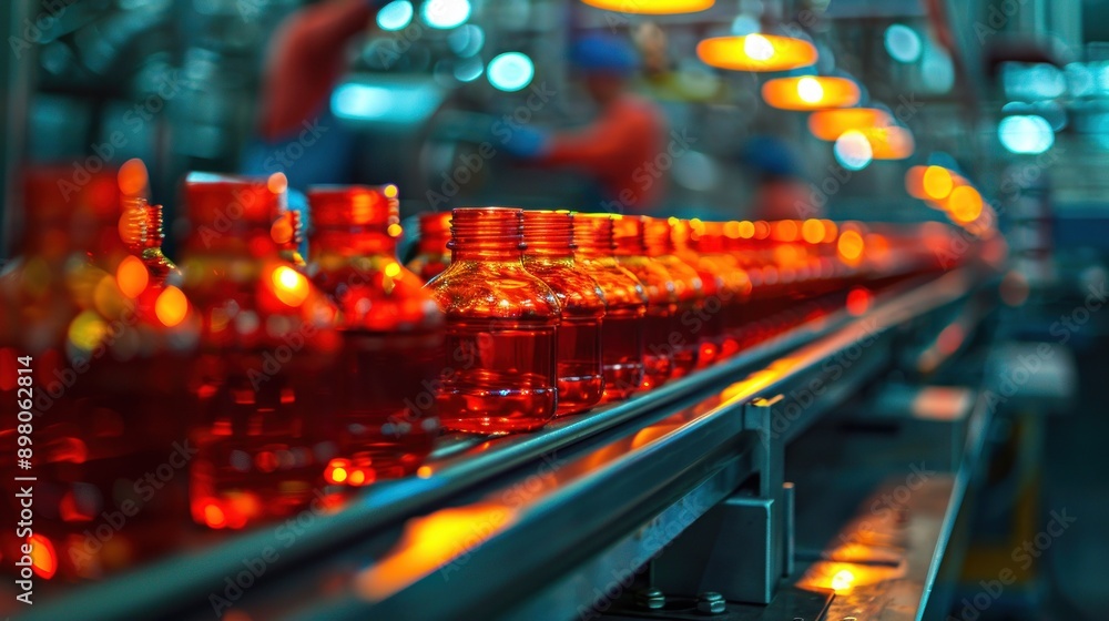 Poster bottles moving along a conveyor belt in a factory setting