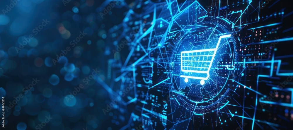 Poster a glowing shopping cart icon surrounded by a network of blue lines on a dark blue background