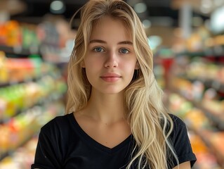 Fototapeta premium Young Woman With Blonde Hair Standing in a Grocery Store