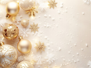 Golden Christmas Background with Christmas decoration, Christmas baubles and fir branches. Copy space. Christmas card concept.
