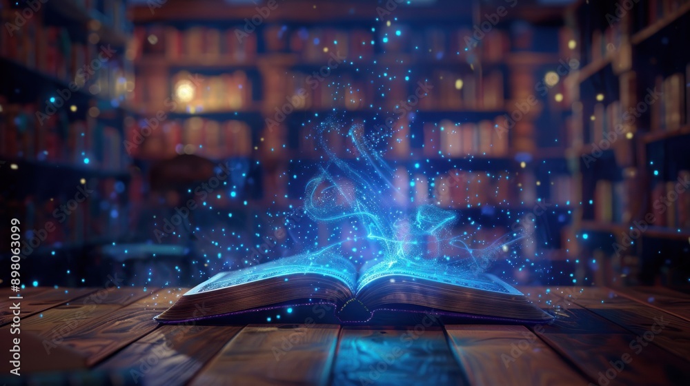 Poster An open book emitting magical blue light against a bookshelf backdrop