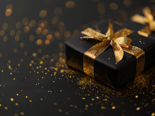 Black Christmas or birthday present with golden ribbon. Birthday or Christmas card concept. Copy Space.